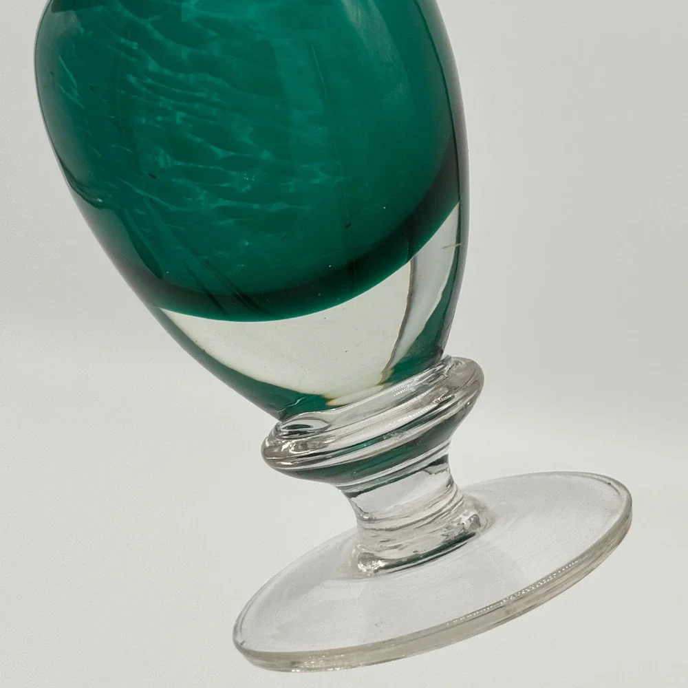 Vintage Blown Glass Bud Vase Emerald Green Clear Footed Baluster 5.5